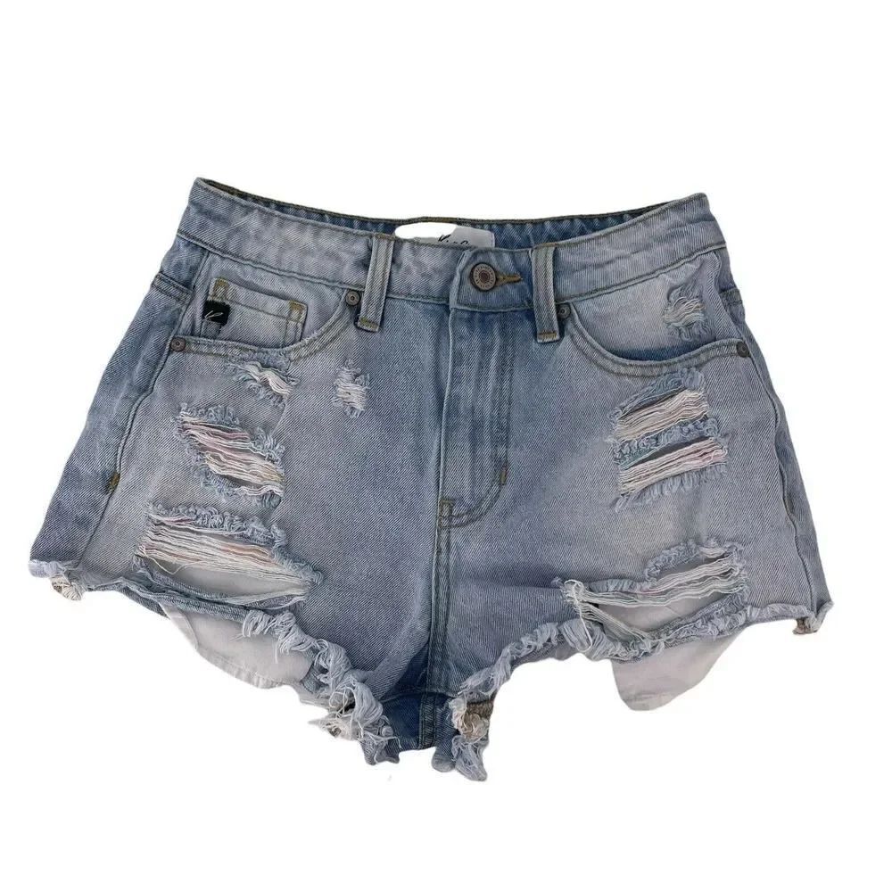 Kancan Blue Jean Shorts Distressed Rainbow Threading Size XS Light Wash Cut Offs